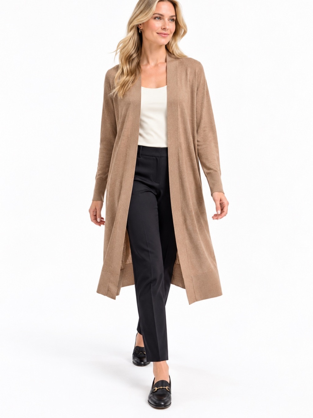 Banana Republic Camel Silk Cotton Long Open Front Duster Cardigan NWOT L Preppy
